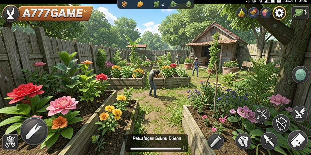 Screenshot utama A777GAME menampilkan gameplay seru berkebun.